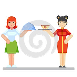 Vector colorful illustration in flat style image of a young waitress restaurant concept Irish and Chinese woman girl with tray