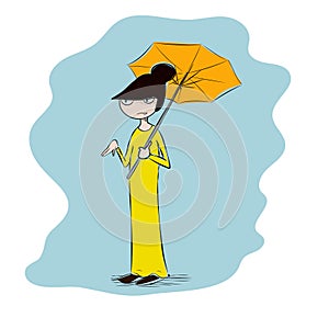 Vector colorful illustration of a japanese geisha, funny girl in maxi dress with umbrella
