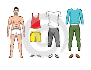 Vector colorful illustration of a man`s paper doll with clothes for spring and summer time isolated from white background.