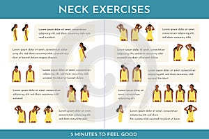 Vector colorful illustration set with neck exercises by girl with dark skin. Creative concept