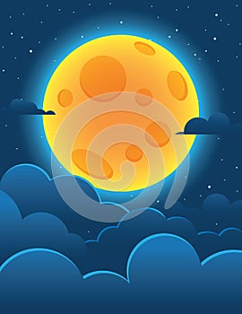 Vector colorful illustration of a shiny moon on a background of a dark blue sky.