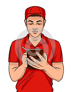 Vector colorful illustration of a young guy in a delivery uniform with a pen and notebook.