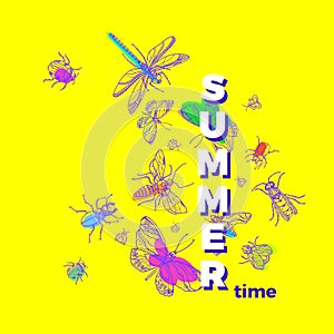 Vector colorful insects. Nature template for summer card