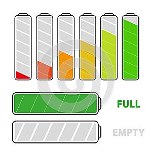 Vector colorful level of batteries - set isolated on white background.