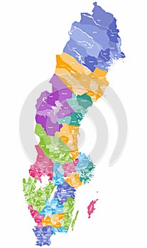 Vector colorful map of Sweden municipalities colored by counties