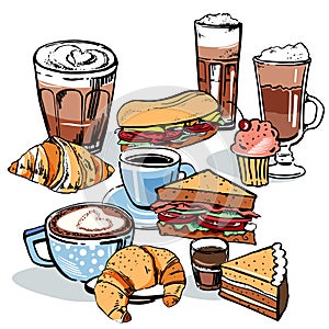 Vector colorful mugs and glasses of coffee drinks, sandwiches and cakes. Outline colorful hand drawn illustration