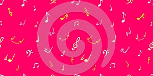 Vector Colorful Music Notes Background, Bright Pink Color, Handwritten Musical Symbols - Seamless Pattern.