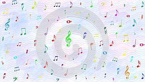 Vector Colorful Music Notes in Wavy Staves and Pastel Watercolor Pattern Background