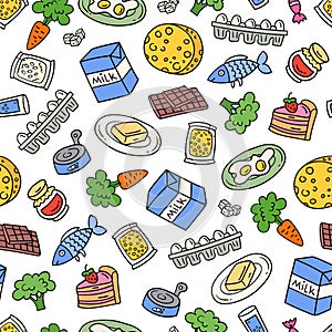 Vector colorful pattern on the theme of food, everyday products, supermarket. Background with isolated vegetables, dairy products