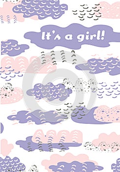 Vector colorful pik purple graphic hand drawn cloud design for newborn arrival. Baby girl birth announcement template