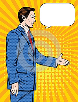 Vector colorful pop art comic style illustration of a office man handshake over halftone dot background