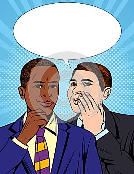 Vector colorful pop art comic style illustration of one businessman telling a secret information to his colleague.