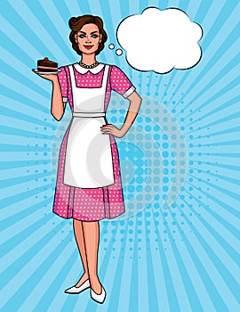 Vector colorful pop art comic style illustration of a pretty woman in apron with plate of cake.
