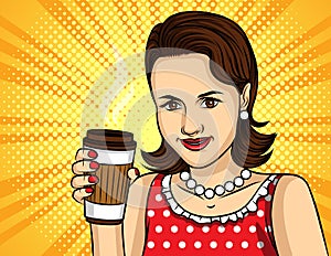 Vector colorful pop art comic style illustration of a pretty woman in red dress drinking a coffee.