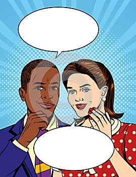 Vector colorful pop art comic style illustration of a two of collegues are speaking.
