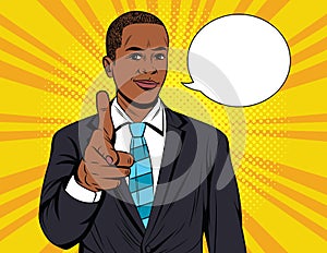 Vector colorful pop art illustration of businessman pointing on you.