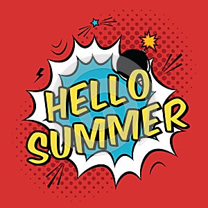 Vector colorful pop art illustration with Hello Summer phrase.