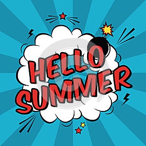 Vector colorful pop art illustration with Hello Summer phrase.