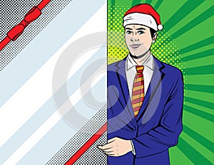 Vector colorful pop art style illustration of a young businessman in Santa Claus Hat showing a big white banner with red ribbon.