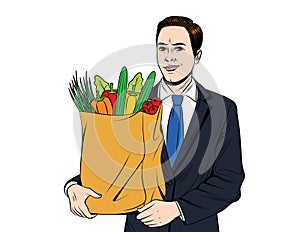 Vector colorful pop art style illustration of a young handsome guy with full paper bag of vegetables .
