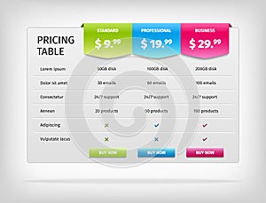 Vector colorful pricing table template for