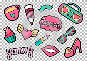 Vector colorful quirky patches set. Pin trendy decoration labels for denim and textile. Vintage hippie style badges.