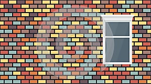 Vector colorful red blue brown yellow violet dark brick wall background. Old texture urban masonry and window. Vintage