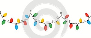 Vector Colorful Retro Holiday Christmas New Year Intertwined String Lights Isolated Horizontal Seamles Border Background