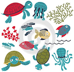 Vector colorful sea turtles with fish and corals set