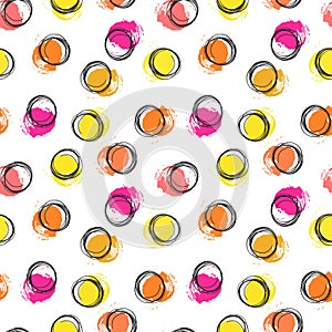 Vector colorful seamless pattern with brush blots and circle. Pink orange yellow black color on white background. Hand