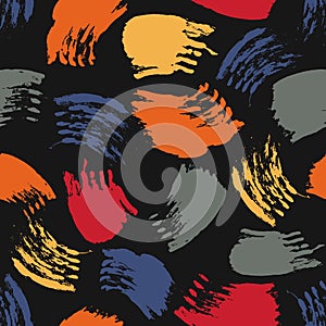 Vector colorful seamless pattern with brush strokes and dots. Red blue grey orange color on black background. Hand photo