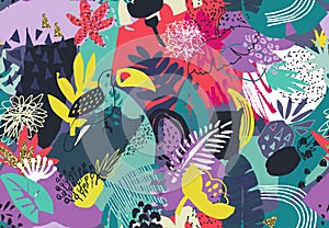 Vector colorful seamless pattern with tropical plants, flowers. birds, hand painted texture.