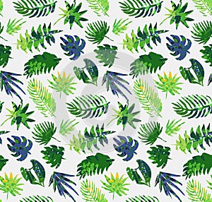 Vector colorful seamless pattern with tropical plants and leaves, hand painted texture.
