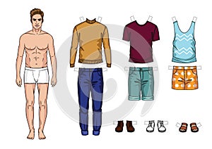 Vector colorful set of fashionable men`s outfits isolated from background.