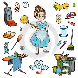 Colorful set with maid and objects for cleaning. Cartoon sticker