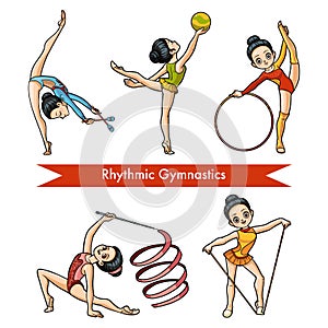 Vector set of rhythmic gymnastics. Cartoon girl photo