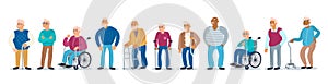 Vector colorful set on the theme of elderly people, old age, disability and health. Isolated men with canes, walkers, wheelchairs.