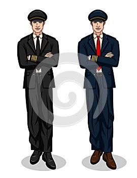 Vector colorful set with two smiling pilots standing with crossed hands in full length.