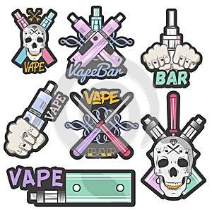 Vector colorful set of vape bar stickers, banners, logos, labels, emblems or badges. Vintage style electronic cigarette