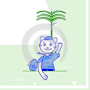 Vector colorful smiling cat traveler with one paw up greeting everyone located nearby palm tree.