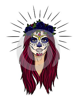 Vector colorful tattoo of woman`s face for celebration Day of the Dead.