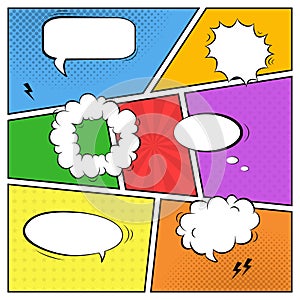 Vector colorful template of comic book page with various speech bubbles