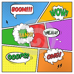 Vector colorful template of comic book page with various speech bubbles