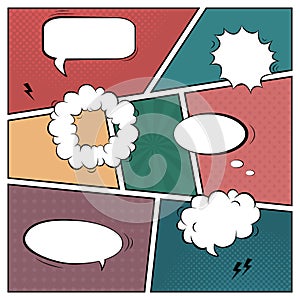 Vector colorful template of retro comic book page with various speech bubbles