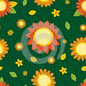 Vector colorful textured sunflowers and daisy pen sketch repeat pattern with green canvas background. Suitable for