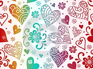 Vector colorful valentines pattern with hearts and stars in doodle style