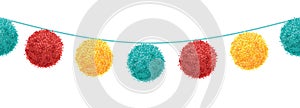 Vector Colorful Vibrant Birthday Party Pompoms Set On Strings Horizontal Seamless Repeat Border Pattern. Great for