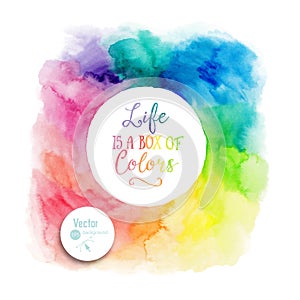 Vector colorful watercolor frame with copyspace for your text. Watercolor background with empty circle frame