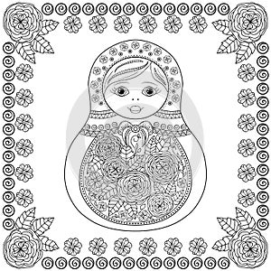 Vector coloring book for adult and kids - russian matrioshka doll. Hand drawn zentangle