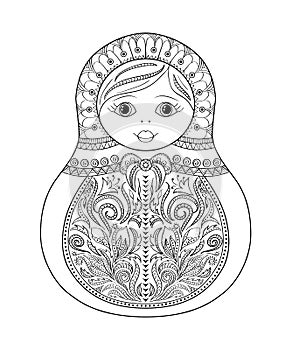 Vector coloring book for adult and kids - russian matrioshka doll. Hand drawn zentangle with floral and ethnic ornaments